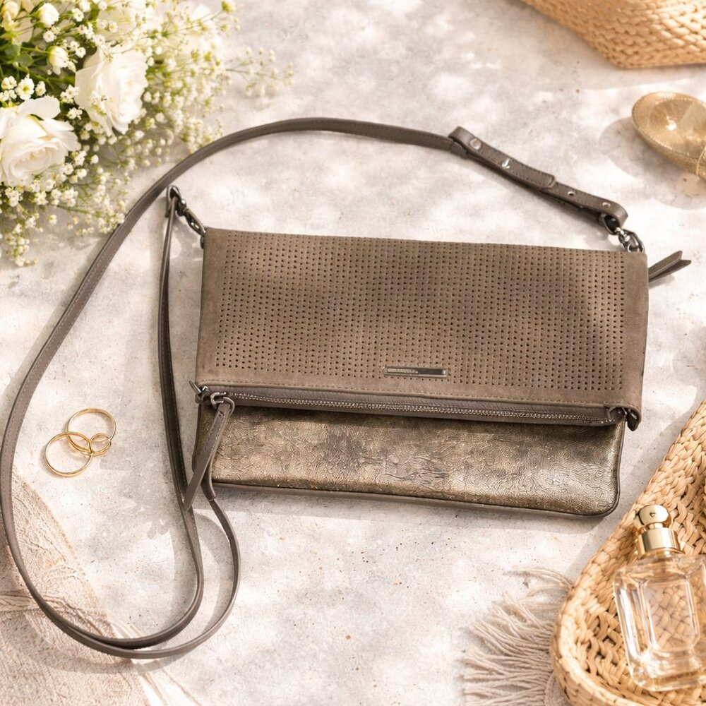 Stella & Dot Waverly Petite 2-in-1 Crossbody Clutch Slate Metallic EUC